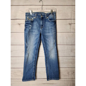 Miss Me Womens Boyfriend Capri Boot Cut Jeans Blue Stretch Embroidered Denim‎ 28